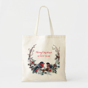Watercolor Bullfinches Wreath And Birds Tote Bag