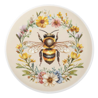 Watercolor Bumblebee Floral Wreath Charm Ceramic  Knob