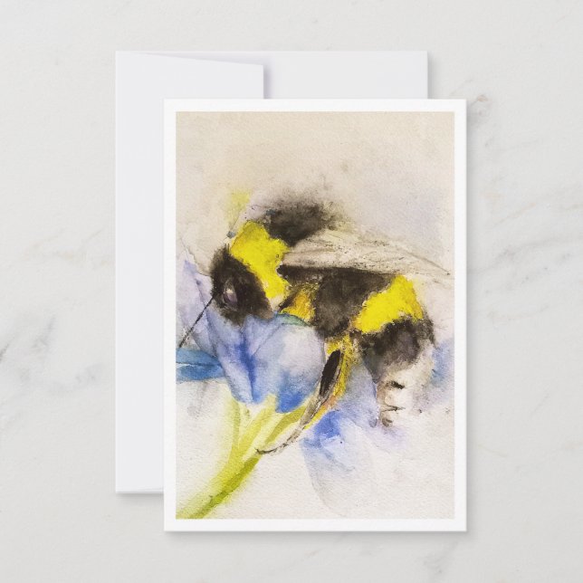Watercolor Bumblebee on Blue Flower Note Card (Front)
