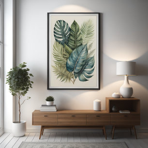 Watercolor Bundle of Tropical Monstera Palm Leaves Poster