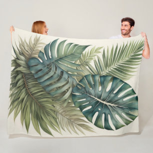 Watercolor Bundle Tropical Monstera Palm Leaf II Fleece Blanket