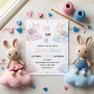 Watercolor Bunnies Gender Reveal Pink Blue Clouds Invitation