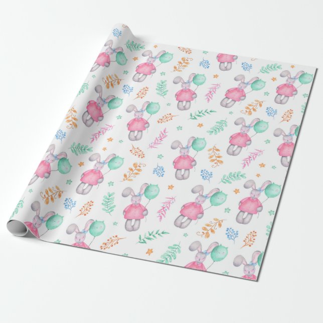 Watercolor Bunnies Wrapping Paper (Unrolled)