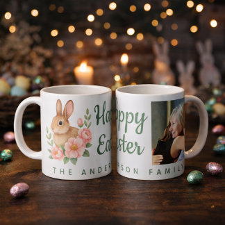 Watercolor Bunnt and Pink Floral Wreath Easter Coffee Mug
