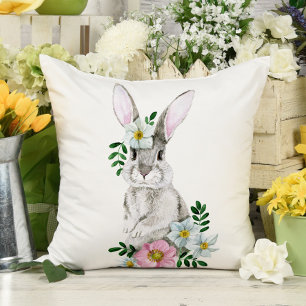 Watercolor Bunny and Flowers Cushion