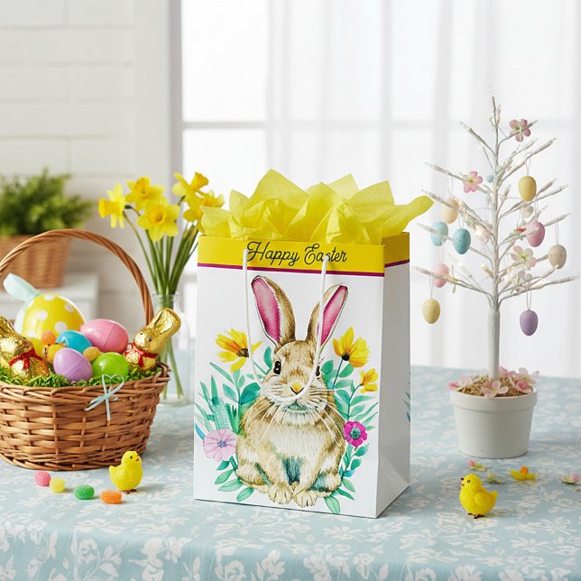 Watercolor bunny and flowers easter medium gift bag (Creator Uploaded)