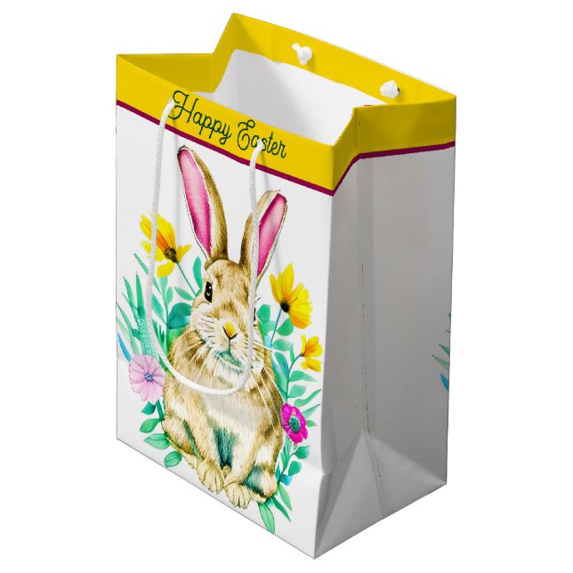 Watercolor bunny and flowers easter medium gift bag (Front Angled)