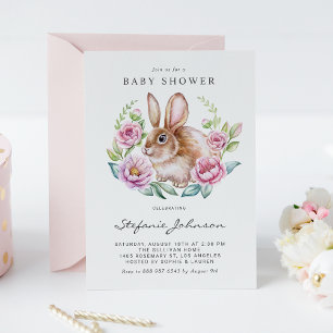 Watercolor Bunny and Pink Flowers Baby Shower Invitation