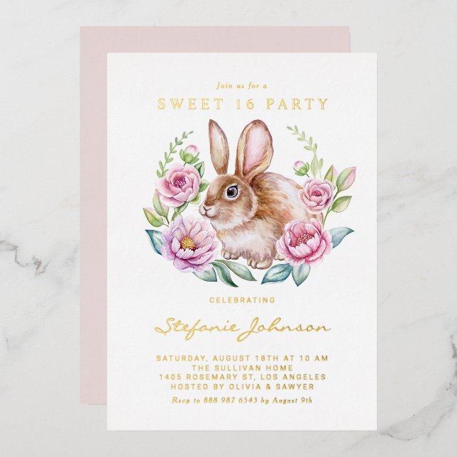 Watercolor Bunny and Pink Flowers Sweet 16 Party (Front/Back)