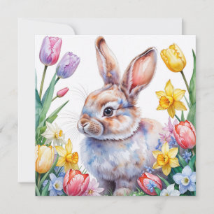 Watercolor Bunny and Spring Flowers  Holiday Card