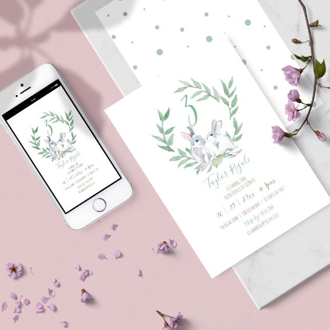 Watercolor Bunny Birthday Invitations Online (kids birthday party invitation gender neutral bunny watercolor art by Victoria Grigaliunas)