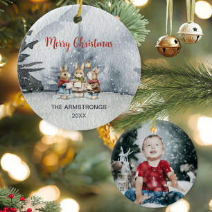 Watercolor Bunny Carolers Christmas Photo Ceramic Ornament