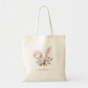 Watercolor Bunny Ears Happy Easter Add Kids Name  Tote Bag