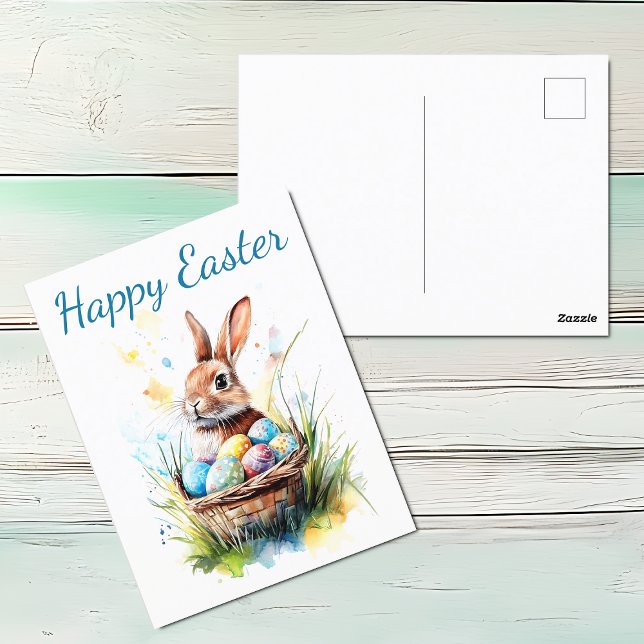 Watercolor Bunny & Easter Basket  Holiday Postcard (Watercolor Happy Easter Postcard featuring bunny, Easter basket full of Easter eggs. )