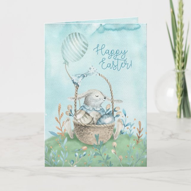 Watercolor Bunny, Eggs, Flowers and Basket Card (Front)
