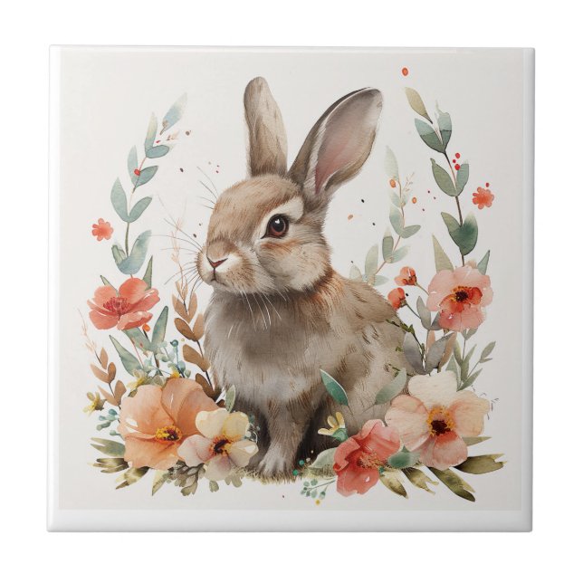 Watercolor Bunny Floral Ceramic Tile (Front)