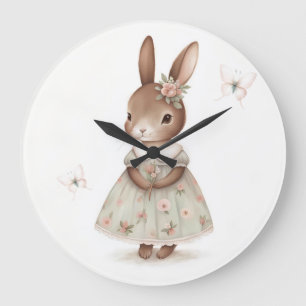 Watercolor Bunny Floral Dress Art Large Clock
