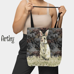 Watercolor bunny floral tote bag, vintage rabbit bag