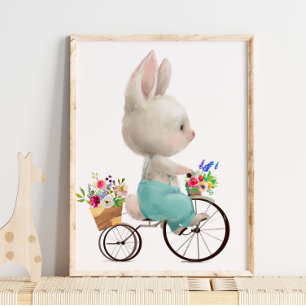 Watercolor Bunny Flower Bicycle   Bunny Wall Print
