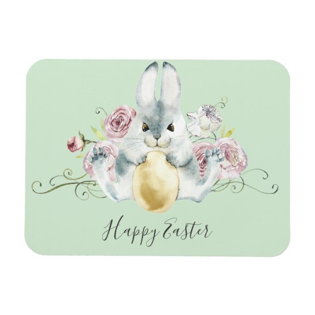 Watercolor Bunny & Flowers Easter Magnet (Horizontal)