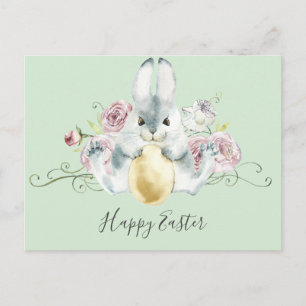 Watercolor Bunny & Flowers Easter Postcard