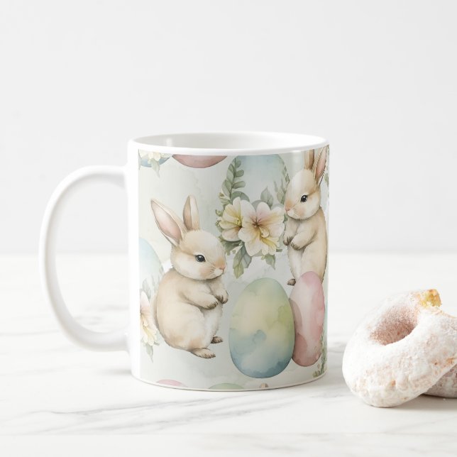 Watercolor Bunny Garden Coffee Mug (With Donut)