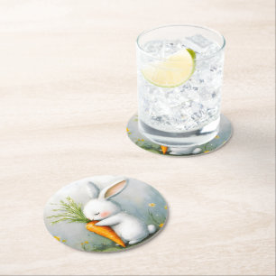 Watercolor Bunny Happy Harvest Round Paper Coaster