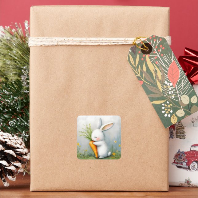 Watercolor Bunny Happy Harvest Square Sticker (Holiday)