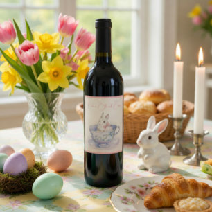 Watercolor Bunny in Teacup Easter Wine Label