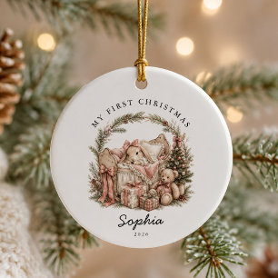 Watercolor Bunny My First Christmas Ceramic Ornament