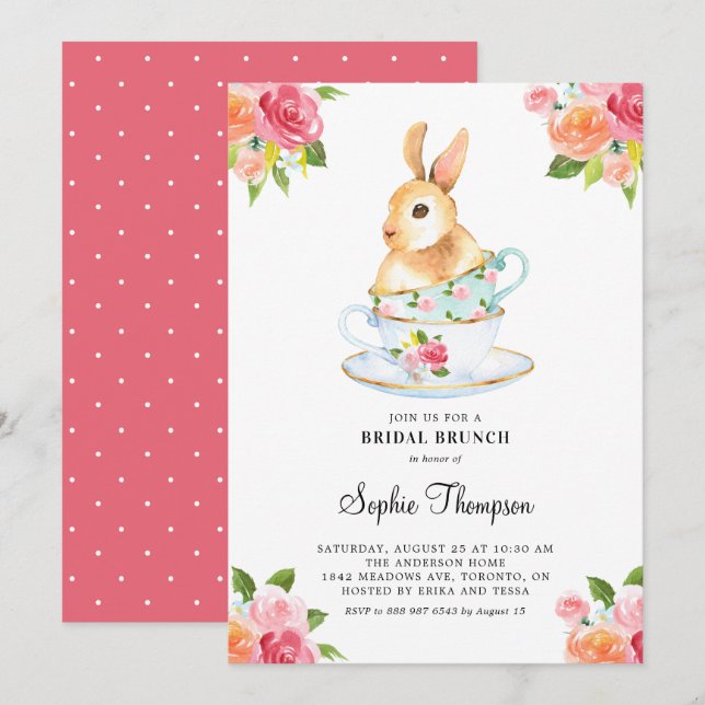 Watercolor Bunny on Teacups Floral Bridal Brunch Invitation (Front/Back)