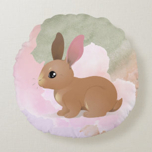 Watercolor Bunny Rabbit Cute Pink Easter Animal Round Cushion