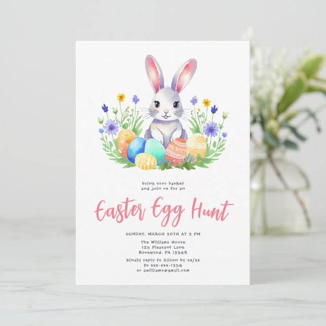 Watercolor Bunny Rabbit Easter Egg Hunt Invitation (Standing Front)