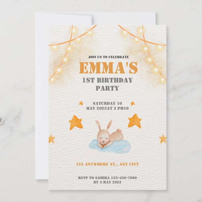 Watercolor bunny rabbit first birthday party invitation (Front)