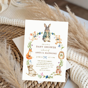 Watercolor Bunny Rabbit Friends Wreath Baby Shower Invitation