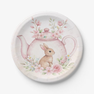 Watercolor Bunny Rabbit Tea Pot Floral Baby Shower Paper Plate