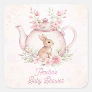 Watercolor Bunny Rabbit Tea Pot Floral Baby Shower Square Sticker