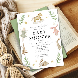 Watercolor Bunny Rabbits Whimsical Baby Shower Invitation