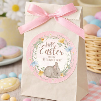 Watercolor Bunny Spring Wildflowers Happy Easter  Classic Round Sticker