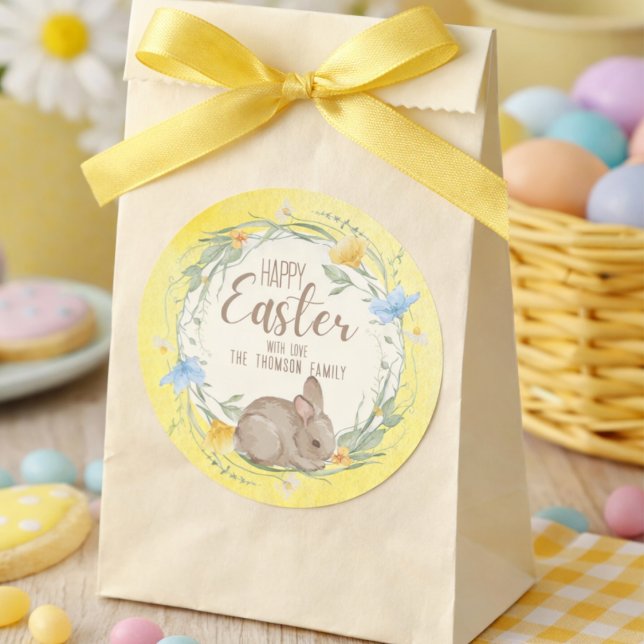 Watercolor Bunny Spring Wildflowers Happy Easter Classic Round Sticker (Creator Uploaded)