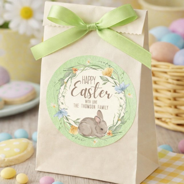 Watercolor Bunny Spring Wildflowers Happy Easter  Classic Round Sticker (Creator Uploaded)