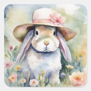 Watercolor Bunny Wearing a New Hat Square Sticker
