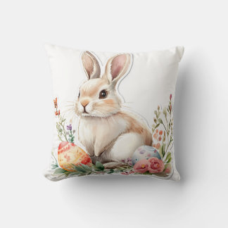 Watercolor Bunny with Floral and Easter Eggs Cushion