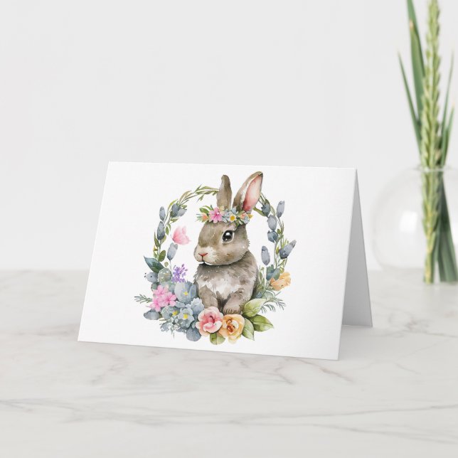 Watercolor Bunny with Floral Wreath  Card (Front)