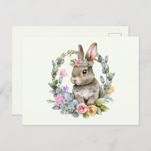 Watercolor Bunny with Floral Wreath  Postcard