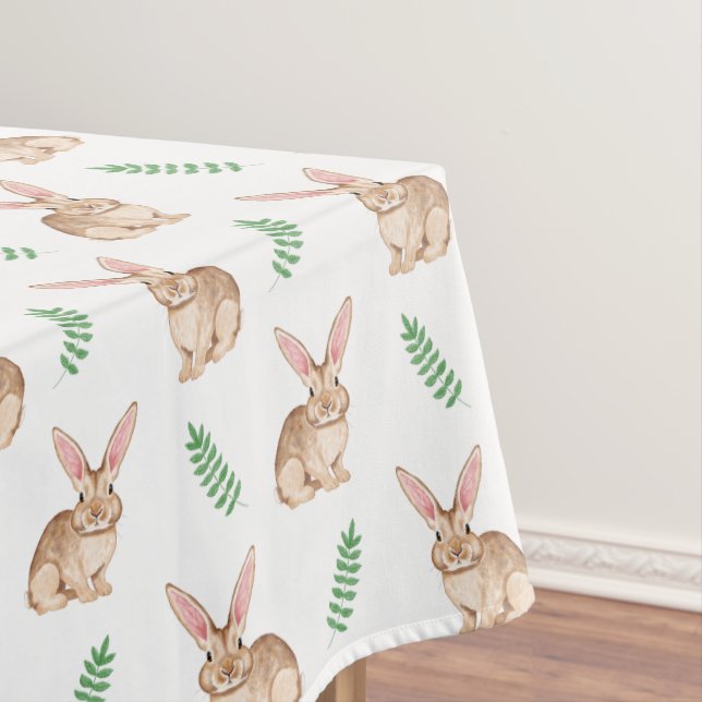 Watercolor Bunny With Greenery Easter Pattern Tablecloth (In Situ)
