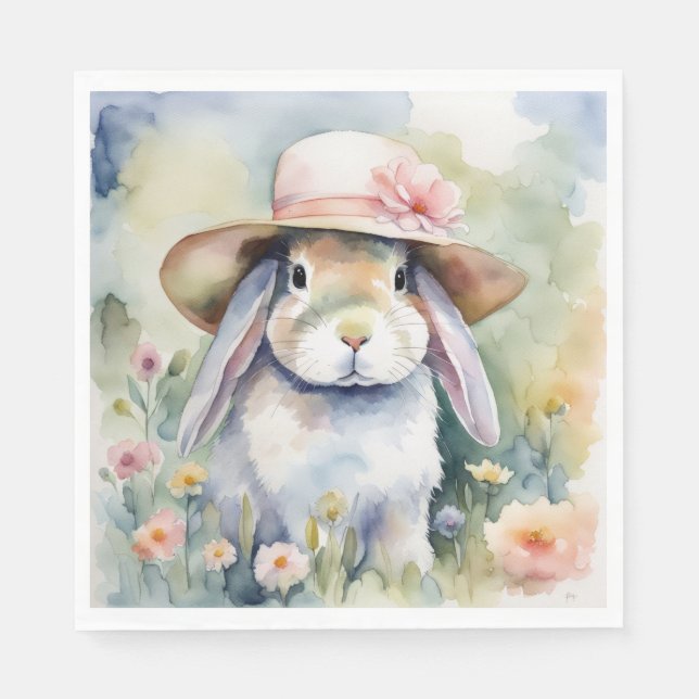 Watercolor Bunny With New Hat Napkin (Front)