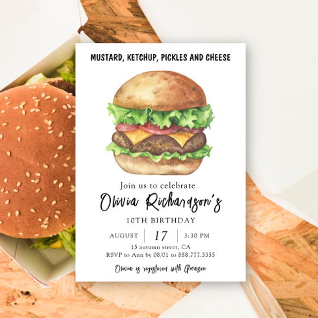 Watercolor Burger Party Birthday Invitation (Creator Uploaded)