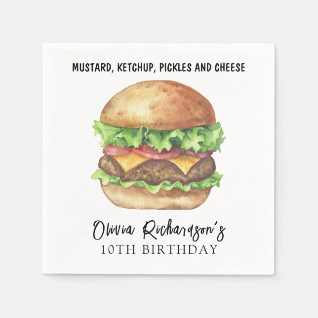 Watercolor Burger Party Birthday Napkin (Front)