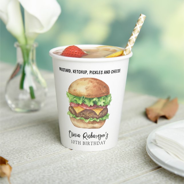 Watercolor Burger Party Birthday Paper Cups (Insitu)